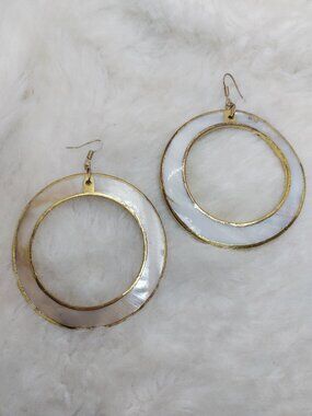 Vintage Mother of Pearl Large Hoop with Gold Rim Earrings